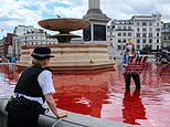 Trafalgar Square fountains turn blood red as Animal Rebellion activists pour in dye