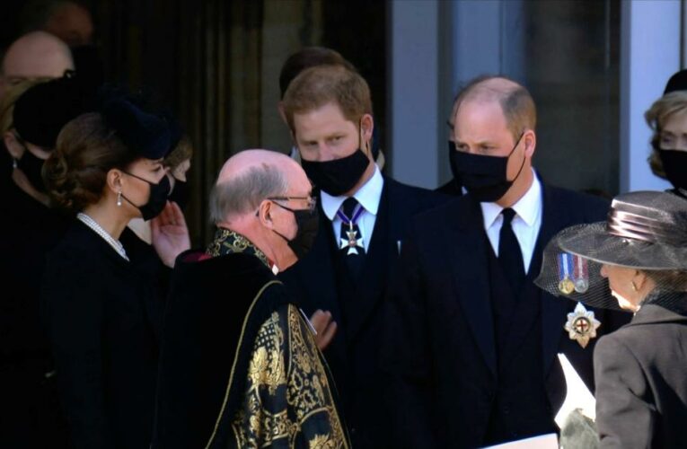 Princes William and Harry walk together after funeral