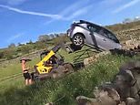 Get your CAR off my land! Moment farmer uses a DIGGER to flip vehicle over blocking his gate