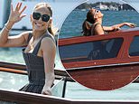 Beaming Jennifer Lopez looks stylish in a pinstripe co-ord as she waves on a water taxi in Venice
