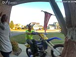 Woman has lucky escape when motorbike plows into her porch after rider ‘hits gas instead of brake’&nbsp;