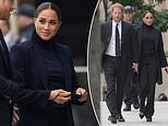 She means business! Meghan Markle is understated in a black coat and wide-legged trousers