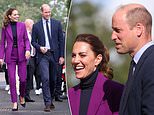 Purple reign! Kate Middleton dons a vibrant magenta pant suit as she joins Prince William