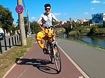 Crunch! Moment cyclist collides head-on with another rider using his PHONE on bike path 