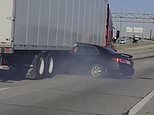 Truck drags sedan sideways down a Chicago highway while desperate driver waves frantically for help