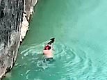 Moment ex-policeman swims across freezing flooded quarry to rescue dachshund