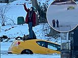 Woman driving on frozen river in Canada crashes through ice and takes a selfie standing on the roof