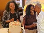 Michelle Obama goes makeup free as she dances in front of her birthday cake
