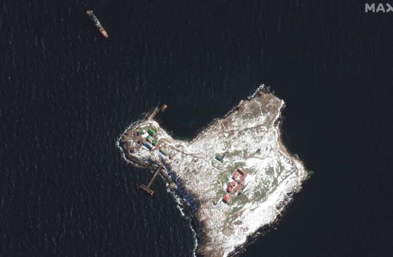 New image shows Snake Island buildings damaged; Russian Naval landing ship anchored offshore
