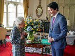 The Queen shows her solidarity with Ukraine as she stands in front of blue and yellow flowers