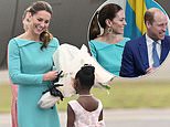 Duchess wears the colour of The Bahamas’ flag as she and William step off the plane