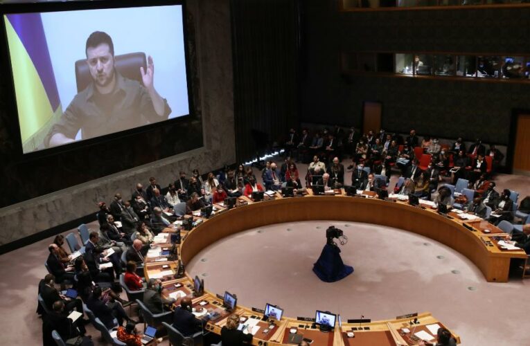 Ukraine’s President delivers a graphic description of Russian atrocities in a hard-hitting speech to the UN Security Council